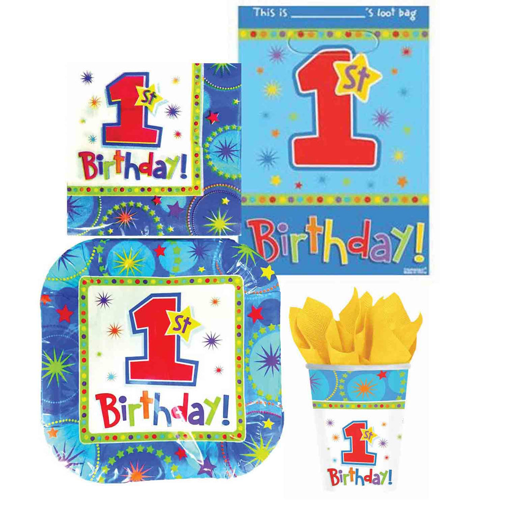 1st birthday blue pack. Pack contains plates, cups, napkins and loot bags. 